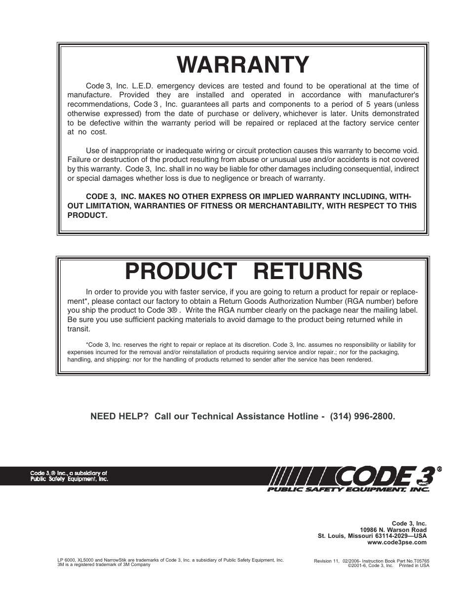 Product returns, Warranty | Code 3 NarrowStik User Manual | Page 12 / 12