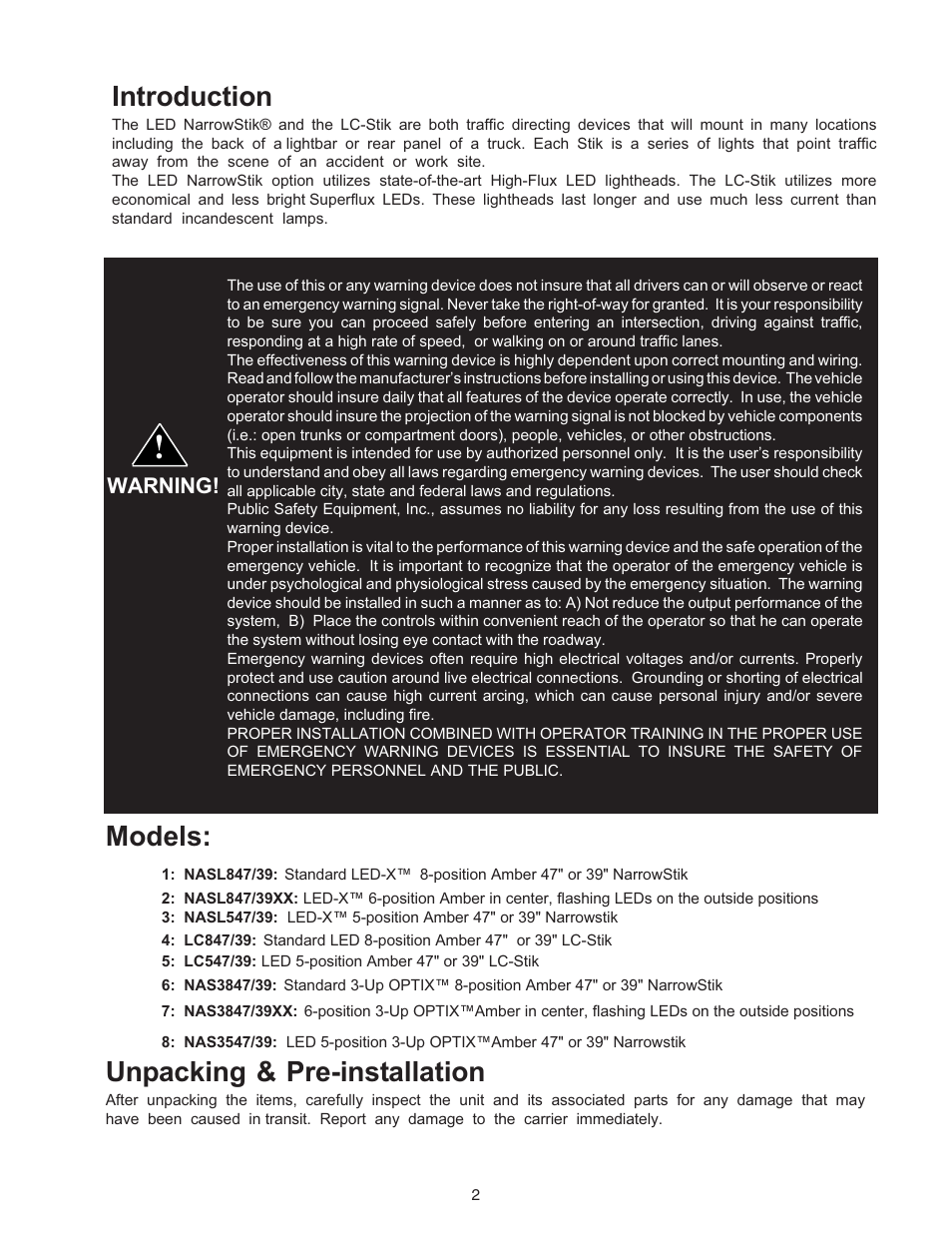 Introduction, Models, Unpacking & pre-installation | Code 3 NarrowStik User Manual | Page 2 / 12
