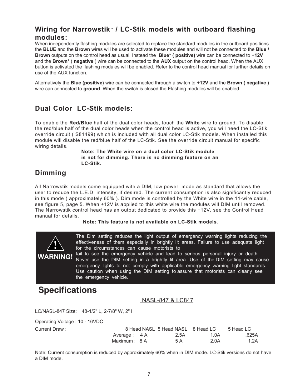 Specifications, Wiring for narrowstik, Lc-stik models with outboard flashing modules | Dual color lc-stik models: dimming, Warning | Code 3 NarrowStik User Manual | Page 7 / 12