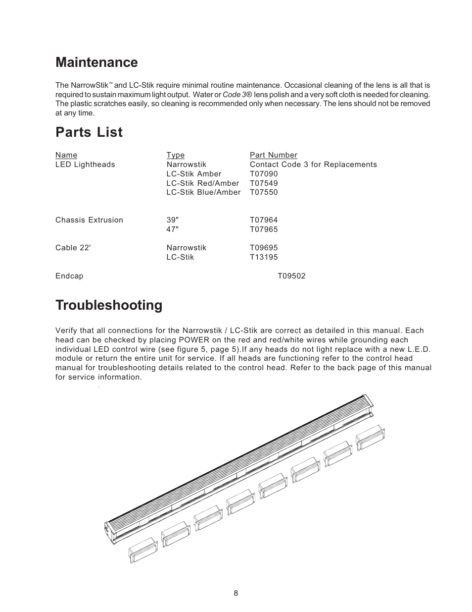 Maintenance, Parts list, Troubleshooting | Code 3 NarrowStik User Manual | Page 8 / 12