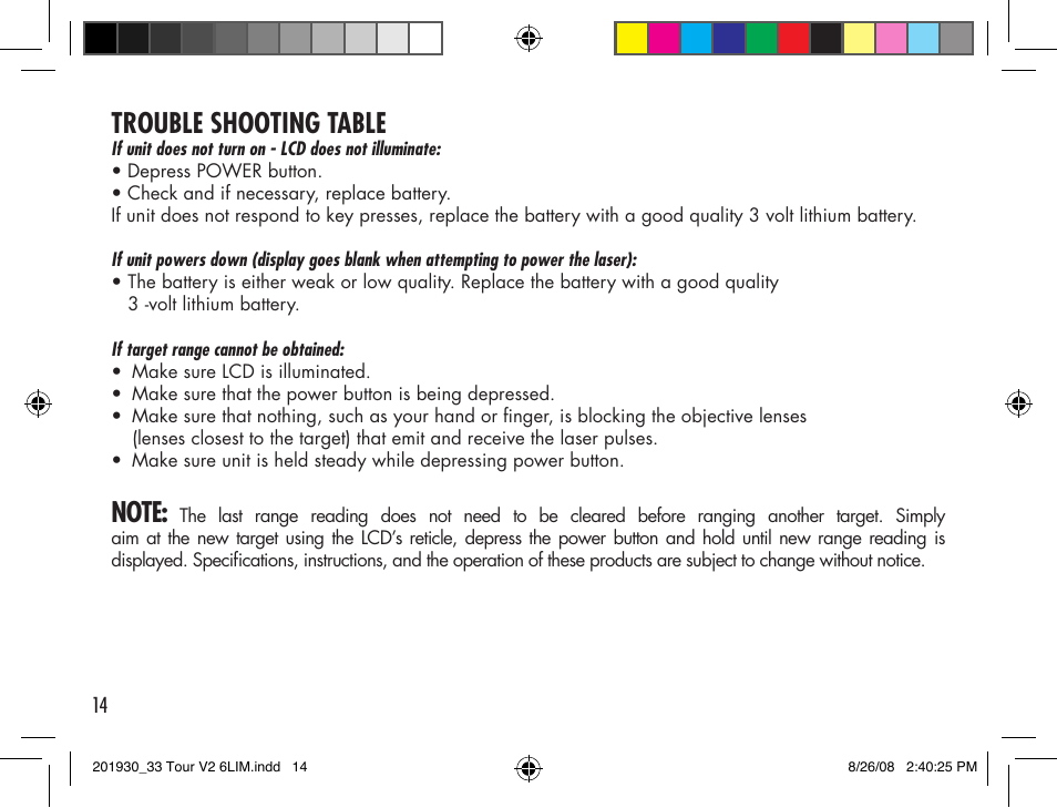 Trouble shooting table | Bushnell Tour V2 User Manual | Page 14 / 96