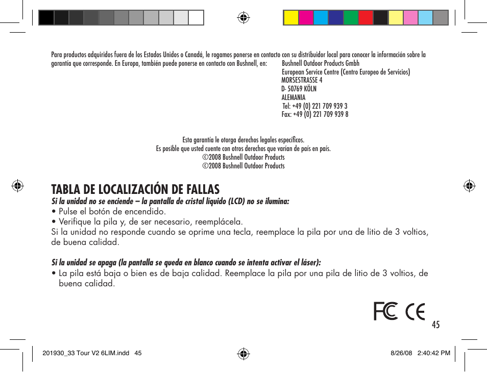Tabla de localización de fallas | Bushnell Tour V2 User Manual | Page 45 / 96