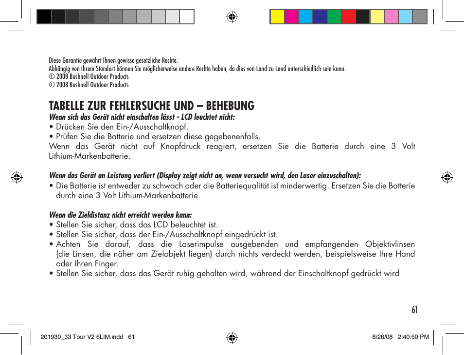 Tabelle zur fehlersuche und – behebung | Bushnell Tour V2 User Manual | Page 61 / 96