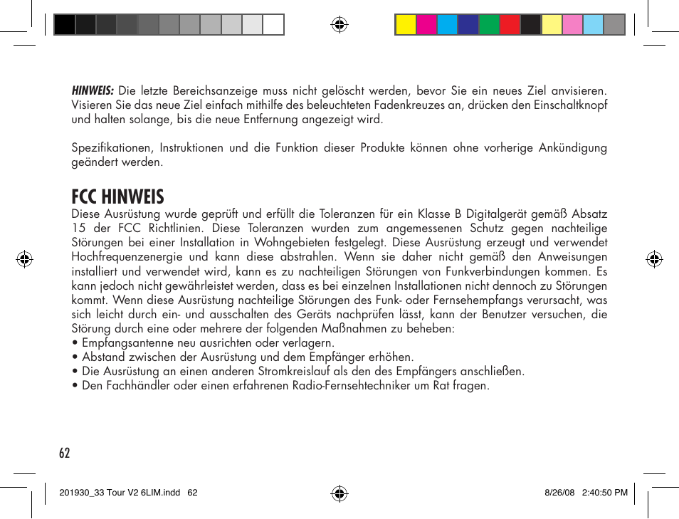 Fcc hinweis | Bushnell Tour V2 User Manual | Page 62 / 96