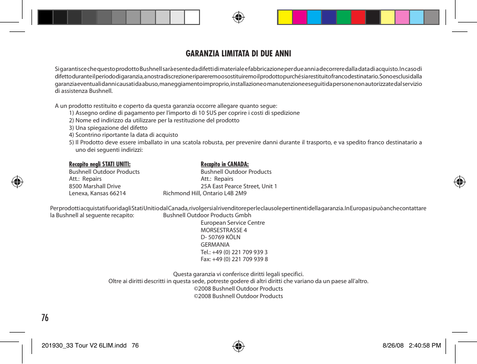 Garanzia limitata di due anni | Bushnell Tour V2 User Manual | Page 76 / 96
