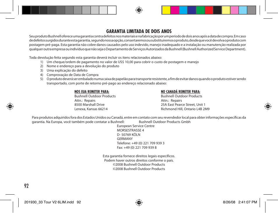 Garantia limitada de dois anos | Bushnell Tour V2 User Manual | Page 92 / 96