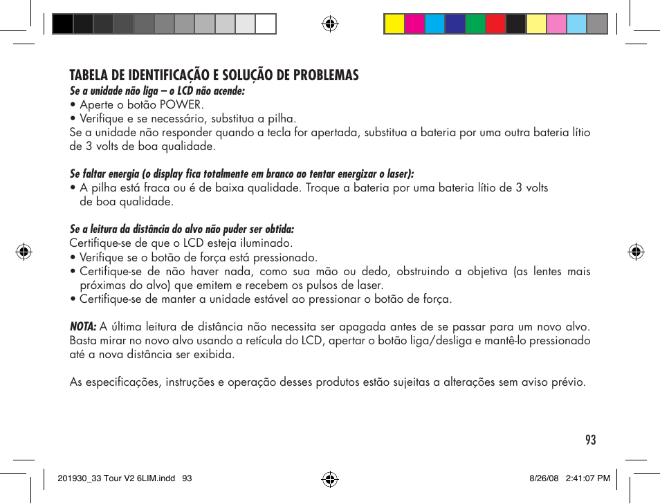 Tabela de identificação e solução de problemas | Bushnell Tour V2 User Manual | Page 93 / 96