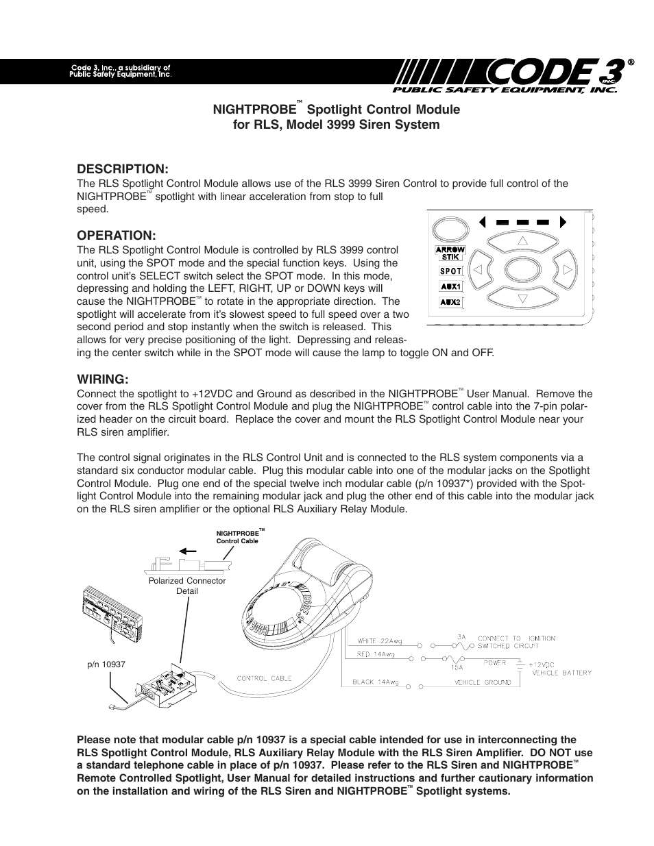 Code 3 NightProbe Controller Cable User Manual | 2 pages