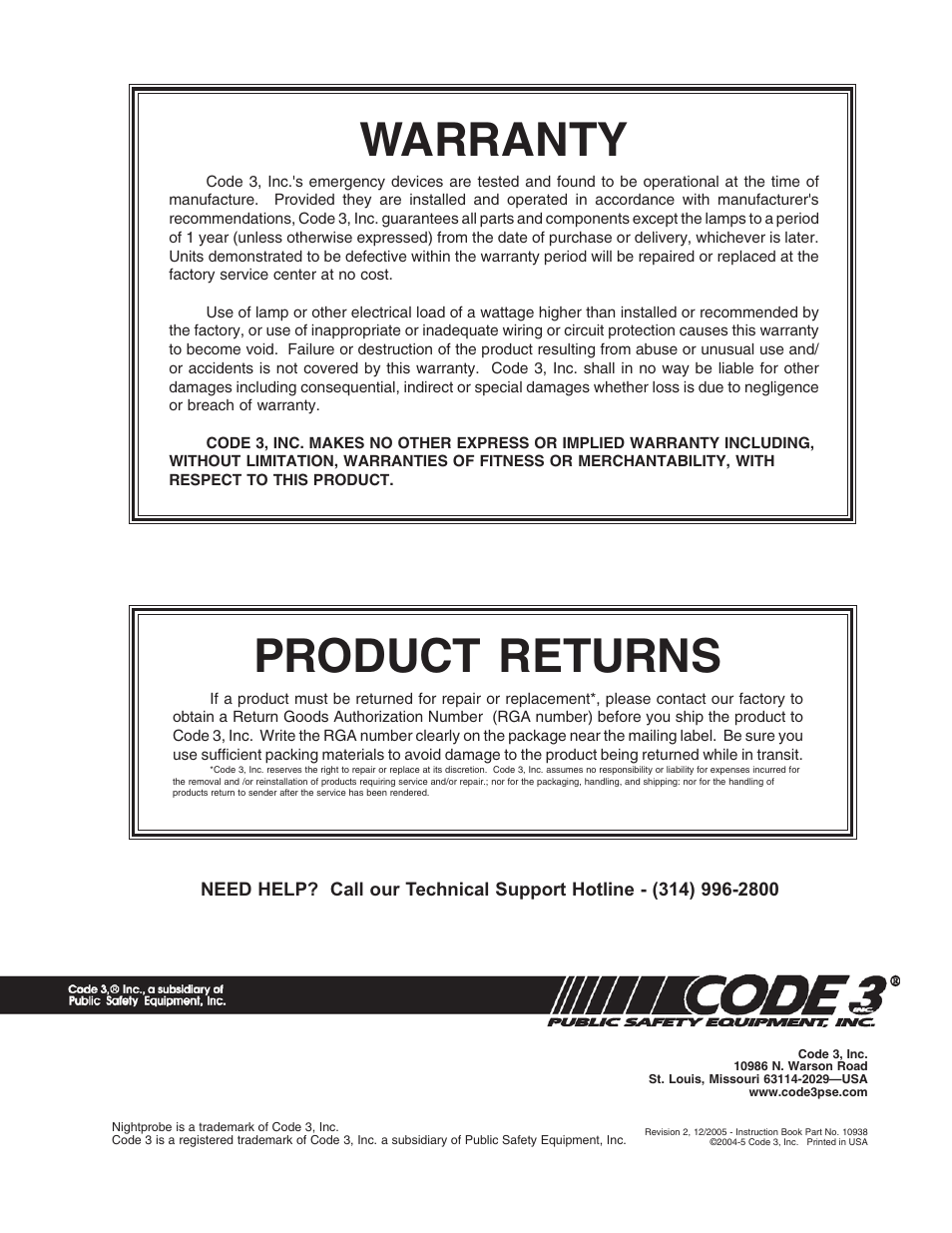 Warranty, Product returns | Code 3 NightProbe Controller Cable User Manual | Page 2 / 2