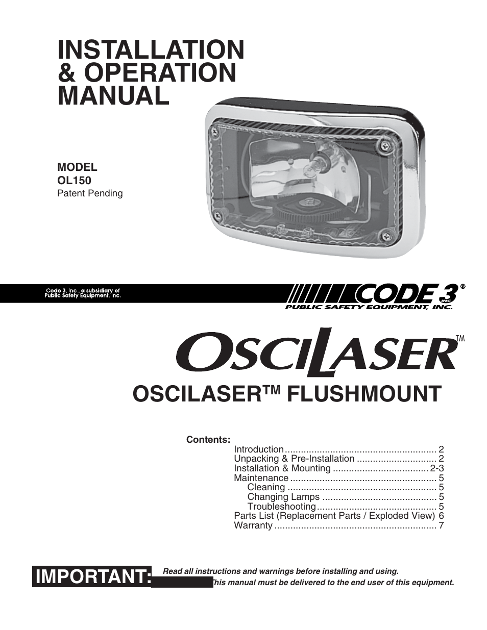 Code 3 OsciLaser Flushmount User Manual | 8 pages