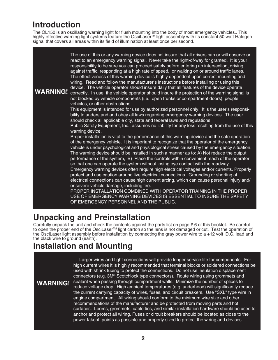 Introduction, Unpacking and preinstallation, Installation and mounting | Warning | Code 3 OsciLaser Flushmount User Manual | Page 2 / 8