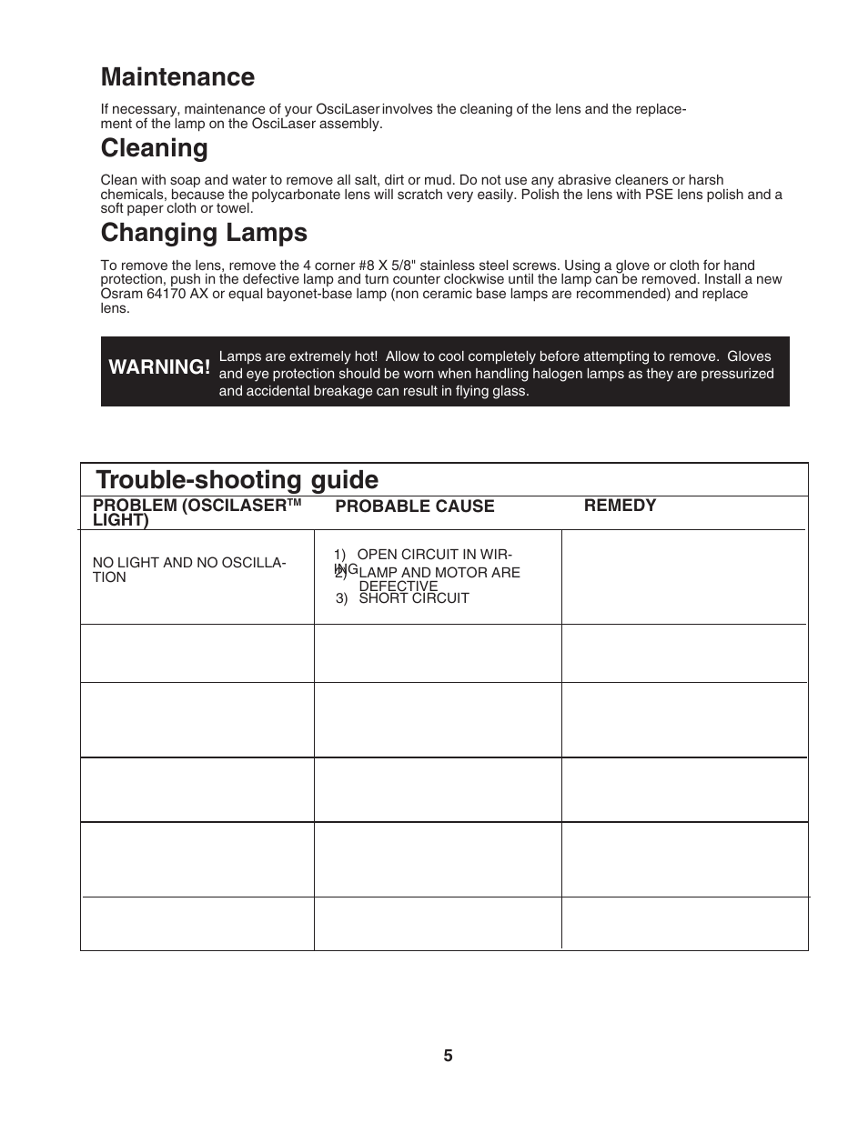 Maintenance, Cleaning, Changing lamps | Trouble-shooting guide, Warning | Code 3 OsciLaser Flushmount User Manual | Page 5 / 8
