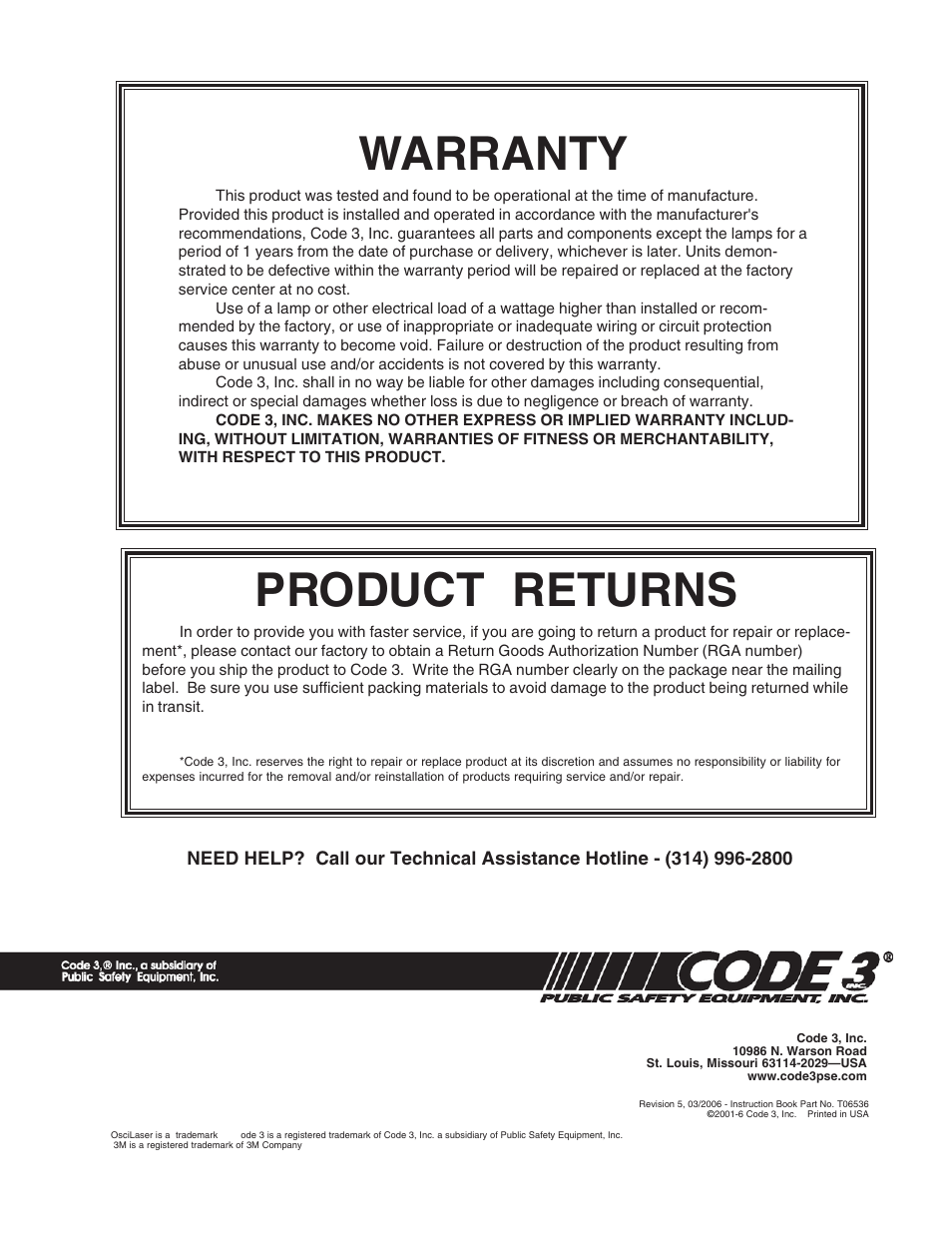 Warranty, Product returns | Code 3 OsciLaser Flushmount User Manual | Page 8 / 8