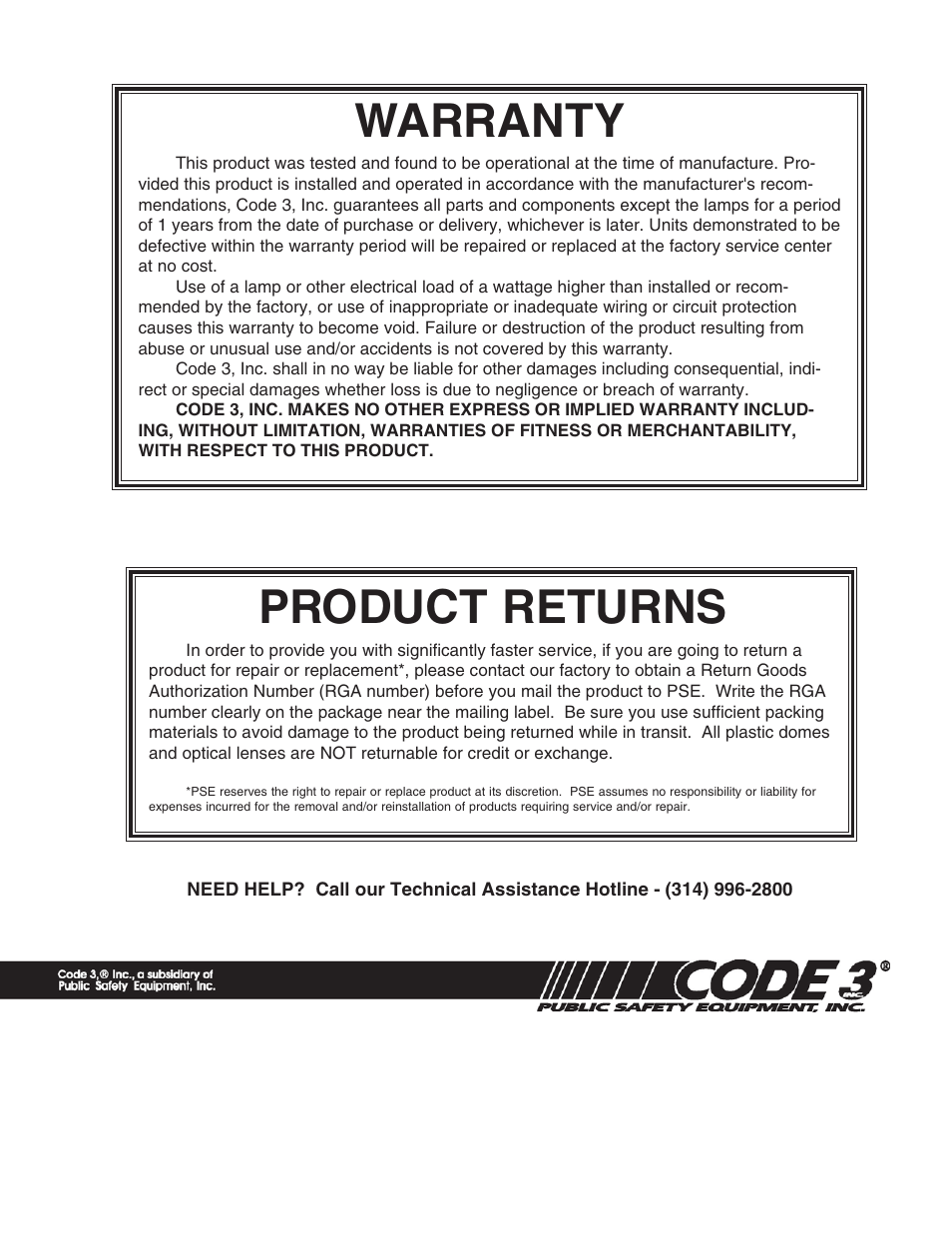 Warranty, Product returns | Code 3 OsciLaser Rear Deck/Dash Mount User Manual | Page 8 / 8