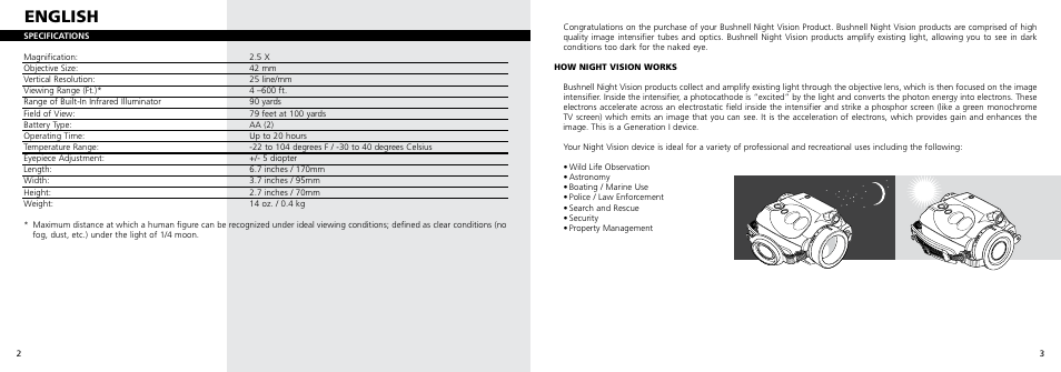 English | Bushnell 26-0100 User Manual | Page 3 / 27