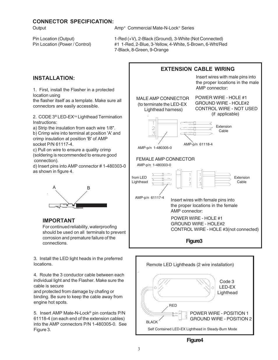 Warning, Connector specification, Installation | Important, Figure4 extension cable wiring, Figure3 | Code 3 PSE LED F12 LED Output Flashers User Manual | Page 3 / 8