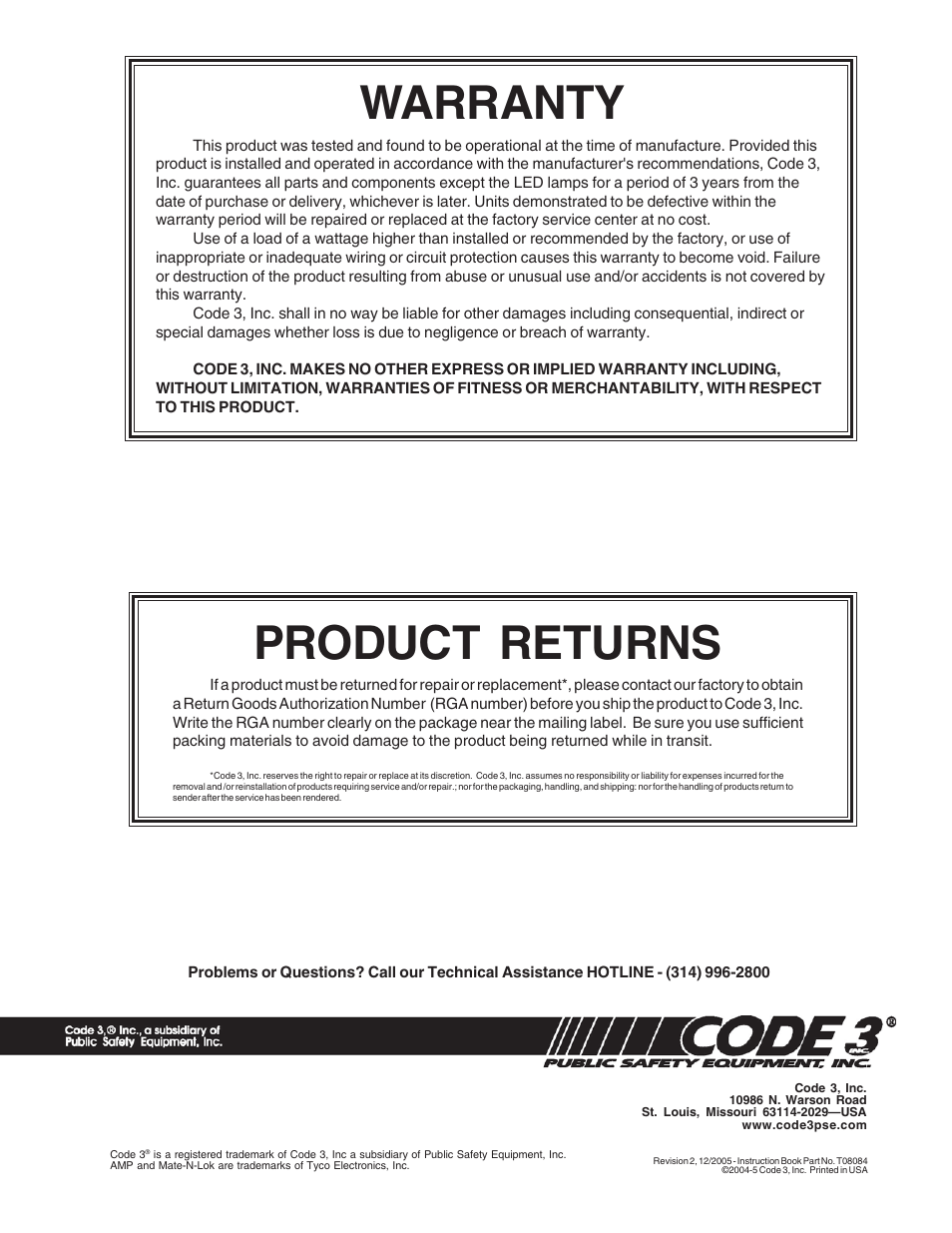 Product returns, Warranty | Code 3 PSE LED F12 LED Output Flashers User Manual | Page 8 / 8