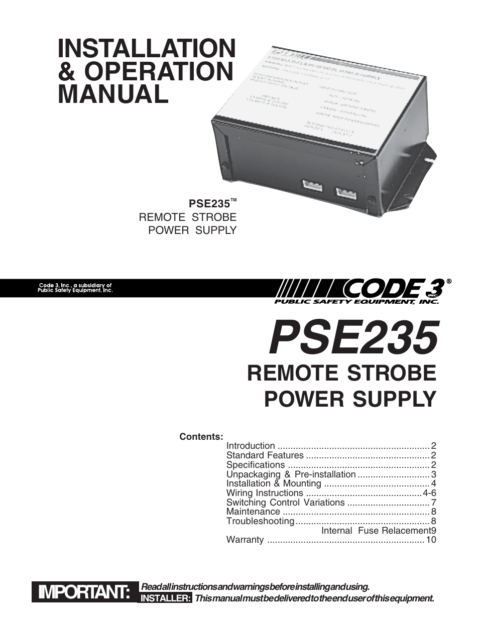 Code 3 PSE235 Remote Strobe Power Supply User Manual | 10 pages