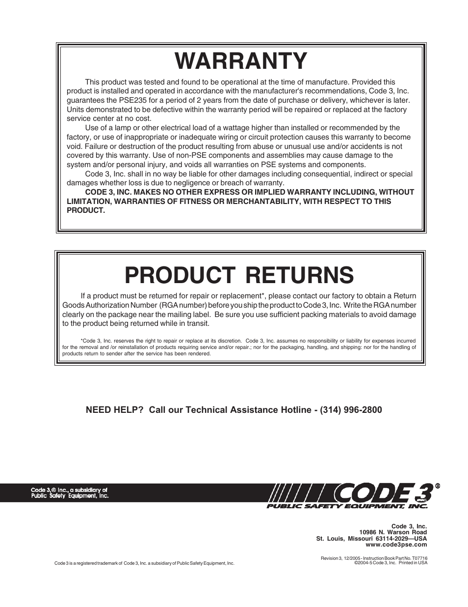 Warranty, Product returns | Code 3 PSE235 Remote Strobe Power Supply User Manual | Page 10 / 10