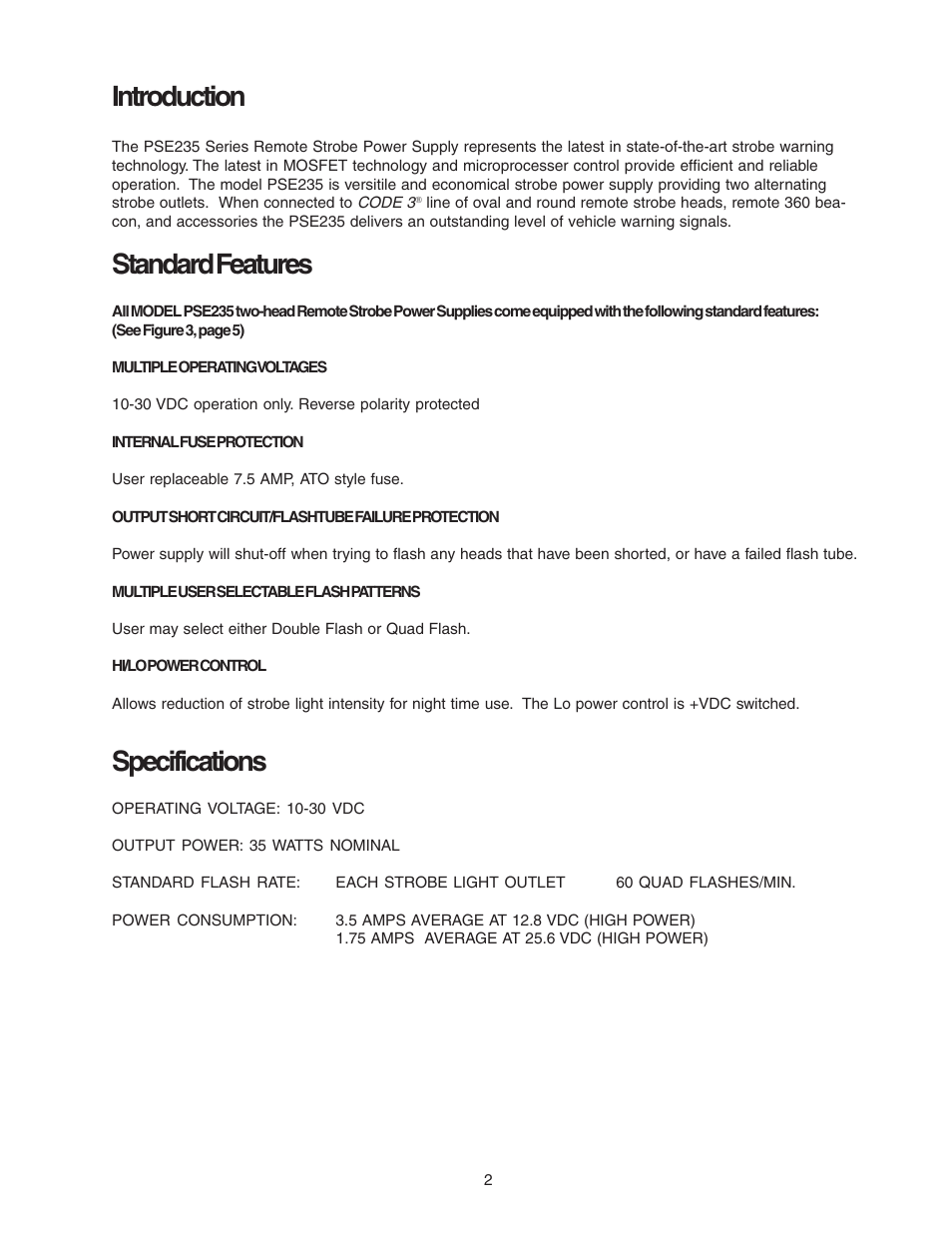 Introduction, Standard features, Specifications | Code 3 PSE235 Remote Strobe Power Supply User Manual | Page 2 / 10
