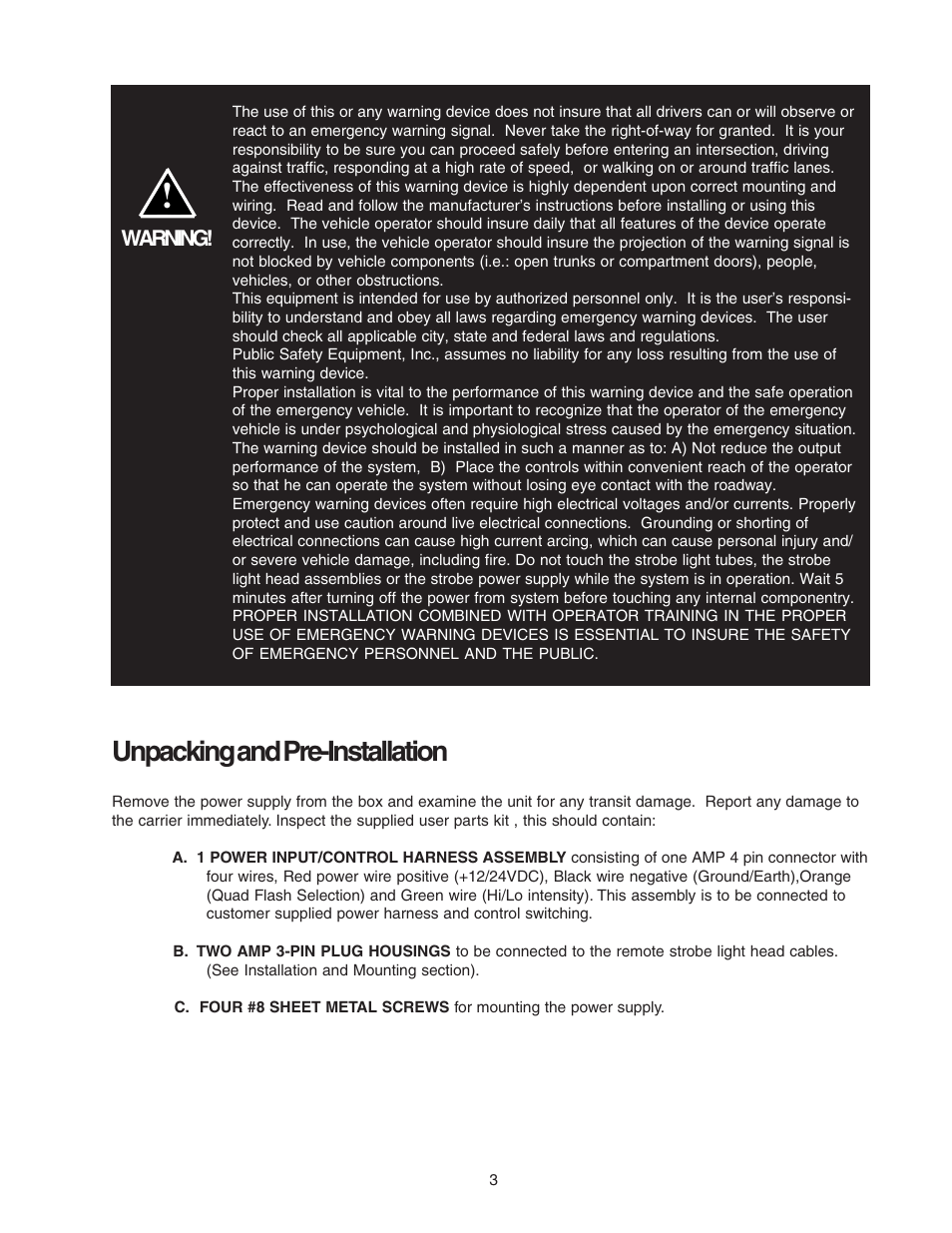 Unpacking and pre-installation | Code 3 PSE235 Remote Strobe Power Supply User Manual | Page 3 / 10