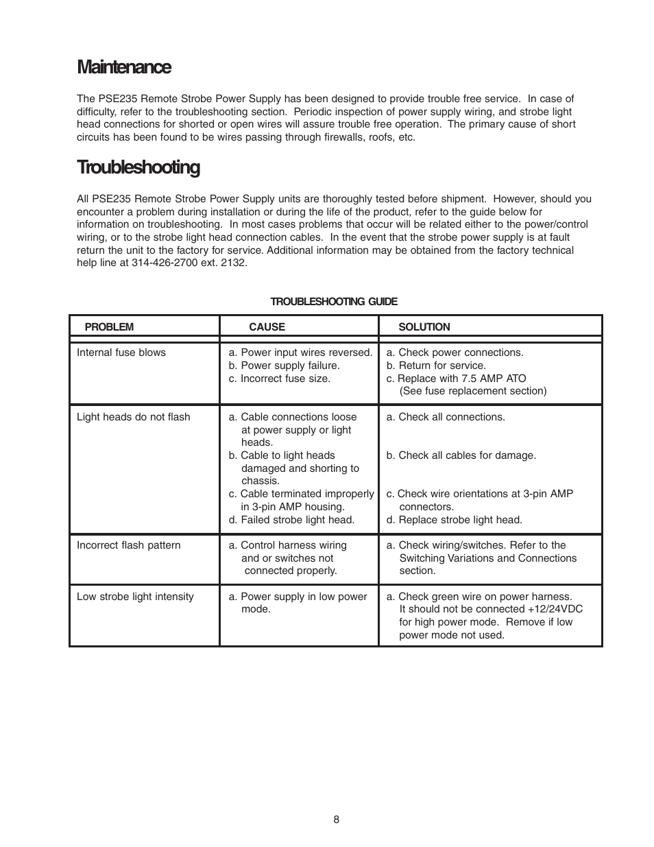 Maintenance, Troubleshooting | Code 3 PSE235 Remote Strobe Power Supply User Manual | Page 8 / 10