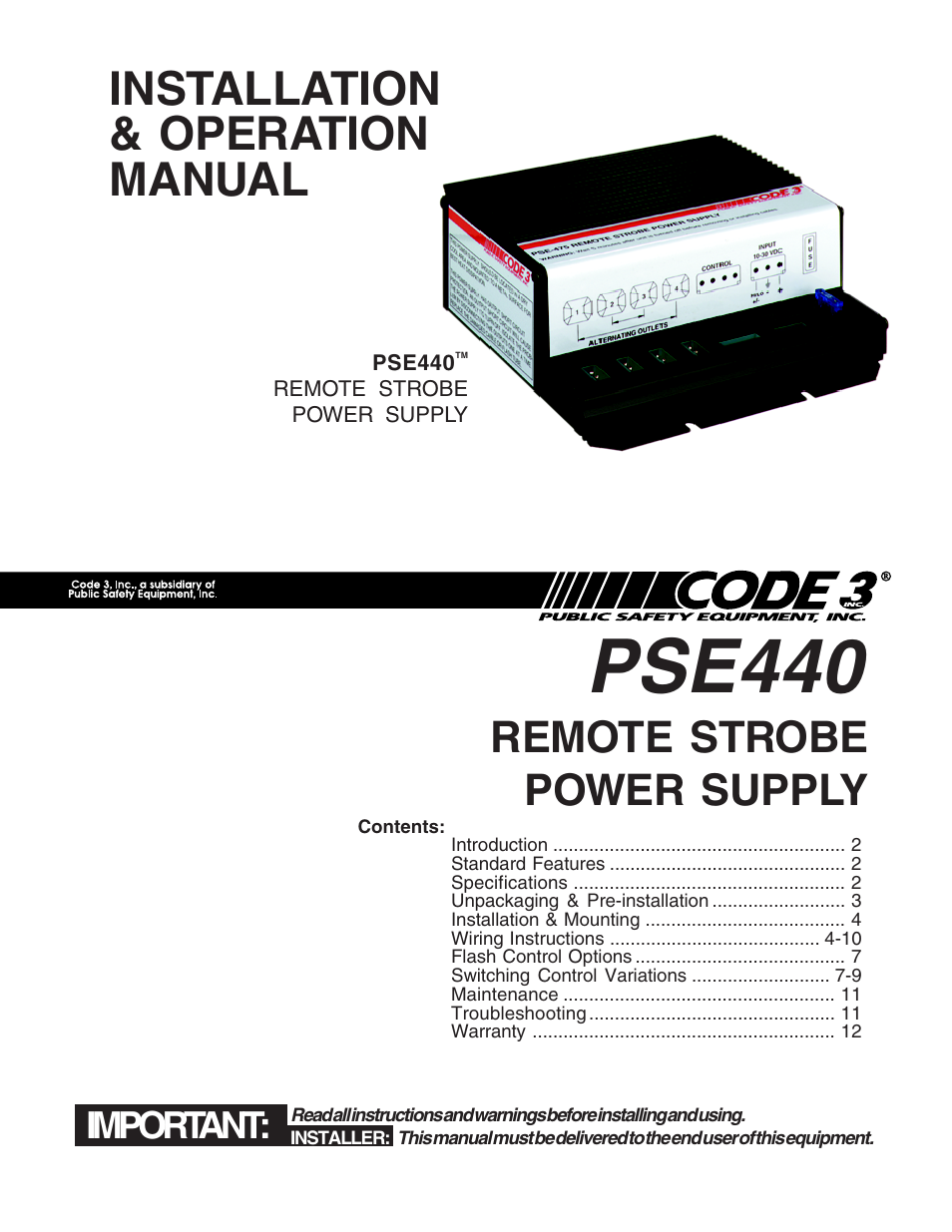 Code 3 PSE440 Remote Strobe Power Supply User Manual | 12 pages