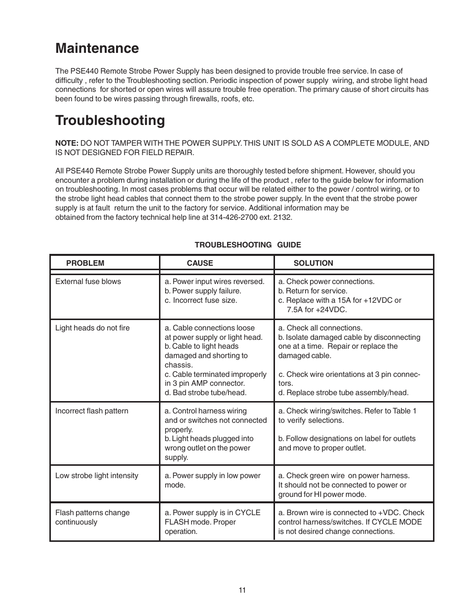Maintenance, Troubleshooting | Code 3 PSE440 Remote Strobe Power Supply User Manual | Page 11 / 12