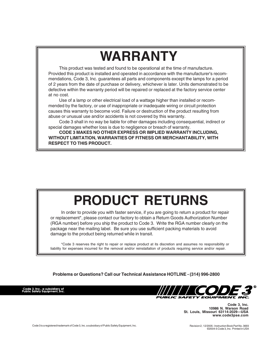 Warranty, Product returns | Code 3 PSE440 Remote Strobe Power Supply User Manual | Page 12 / 12