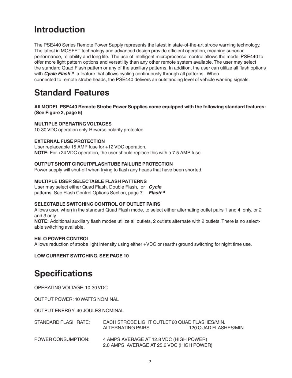 Introduction, Standard features, Specifications | Code 3 PSE440 Remote Strobe Power Supply User Manual | Page 2 / 12