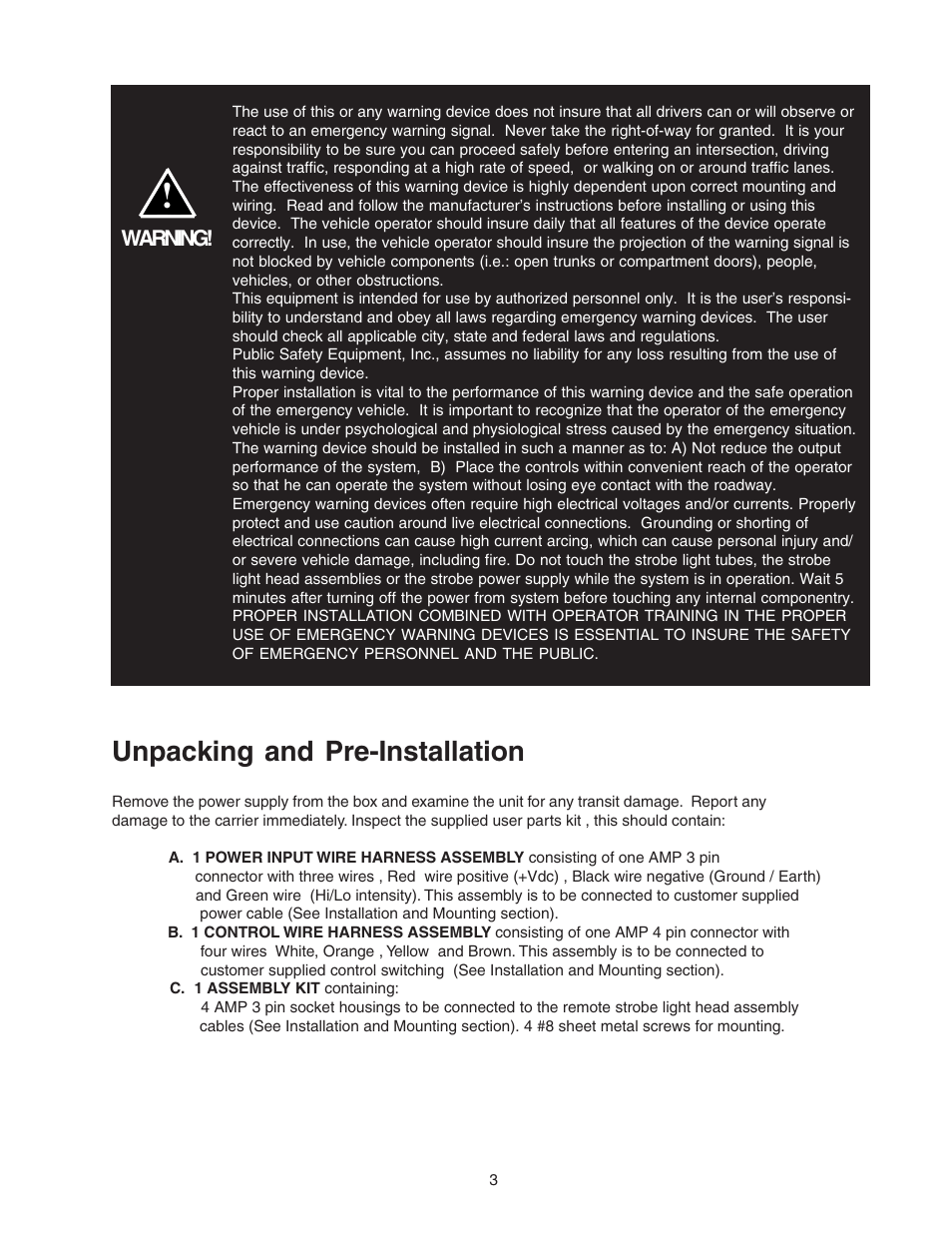 Unpacking and pre-installation | Code 3 PSE440 Remote Strobe Power Supply User Manual | Page 3 / 12