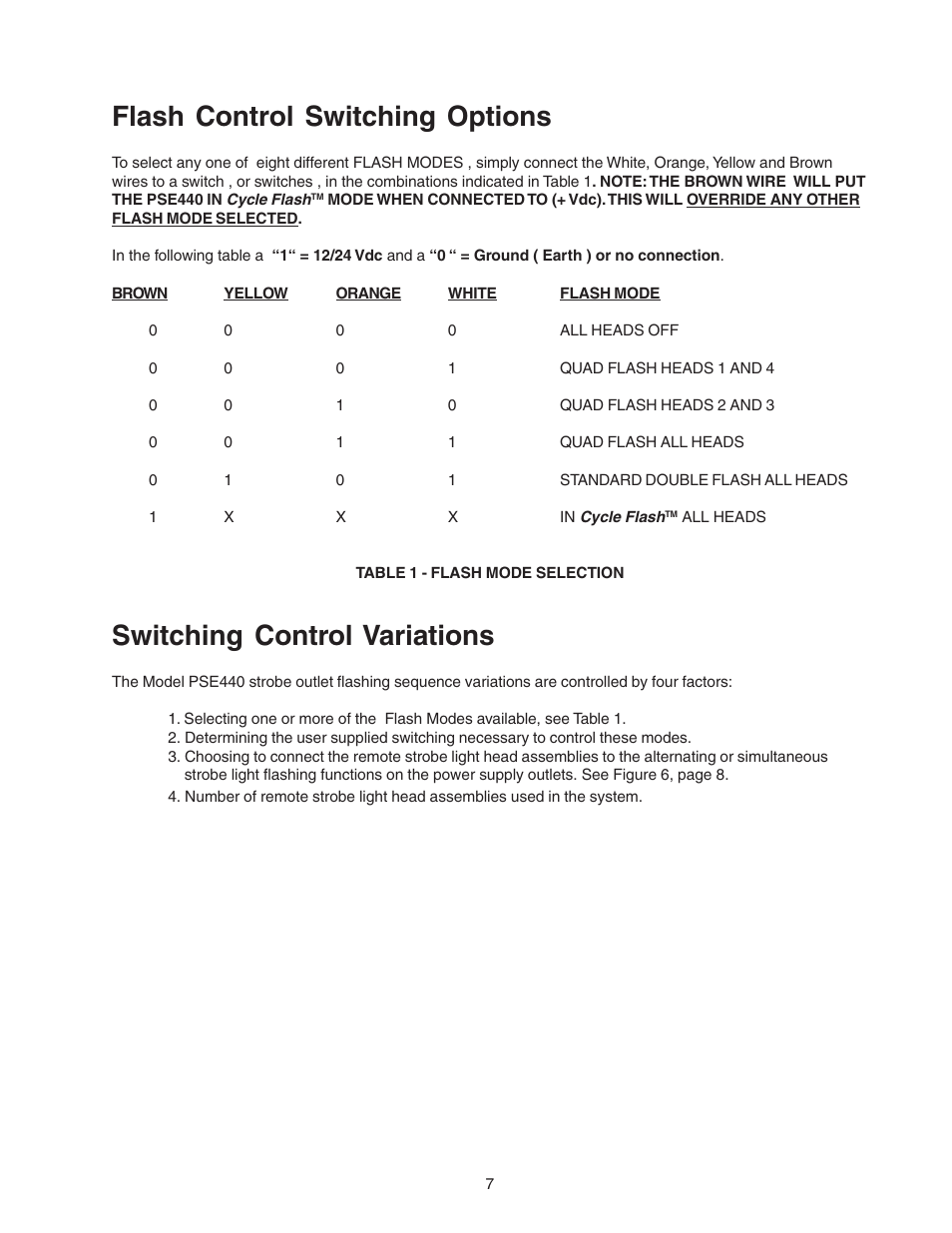 Flash control switching options, Switching control variations | Code 3 PSE440 Remote Strobe Power Supply User Manual | Page 7 / 12