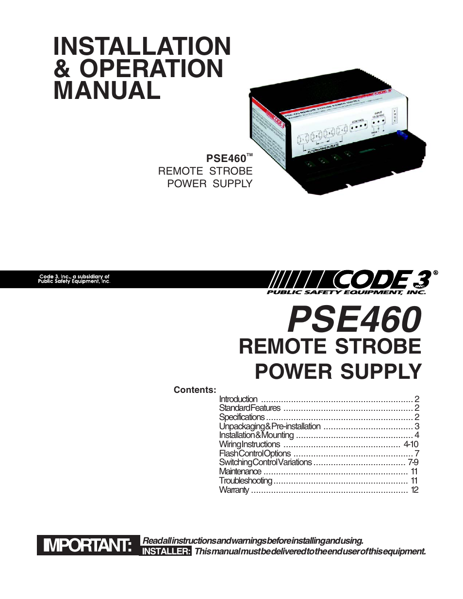 Code 3 PSE460 Remote Strobe Power Supply User Manual | 12 pages