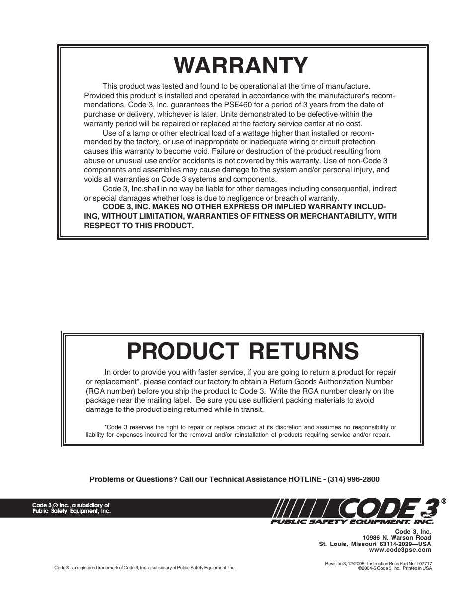 Warranty, Product returns | Code 3 PSE460 Remote Strobe Power Supply User Manual | Page 12 / 12