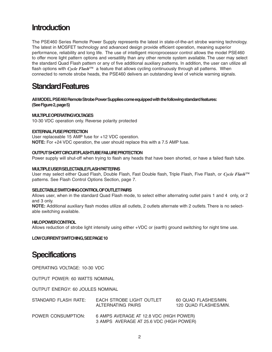 Introduction, Standard features, Specifications | Code 3 PSE460 Remote Strobe Power Supply User Manual | Page 2 / 12