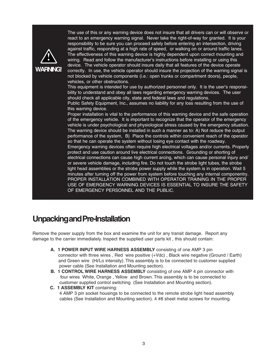 Unpacking and pre-installation | Code 3 PSE460 Remote Strobe Power Supply User Manual | Page 3 / 12