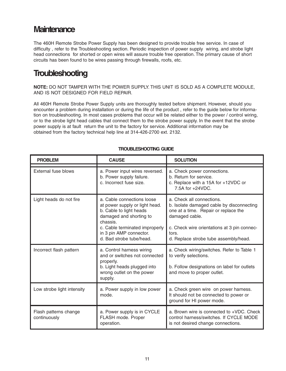 Maintenance, Troubleshooting | Code 3 PSE460H Remote Strobe Power Supply User Manual | Page 11 / 12