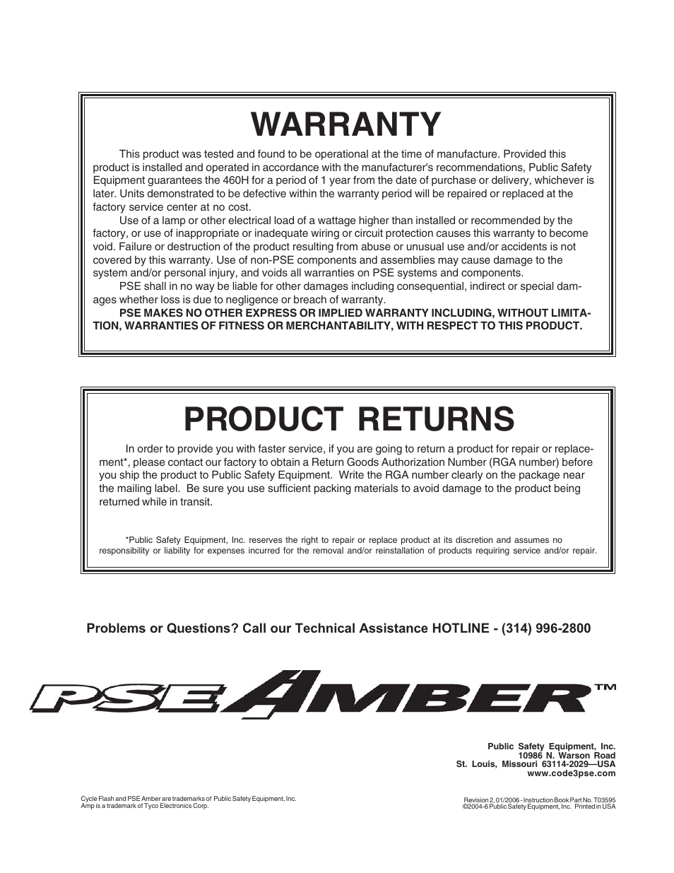 Warranty, Product returns | Code 3 PSE460H Remote Strobe Power Supply User Manual | Page 12 / 12