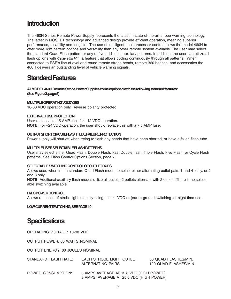 Introduction, Standard features, Specifications | Code 3 PSE460H Remote Strobe Power Supply User Manual | Page 2 / 12