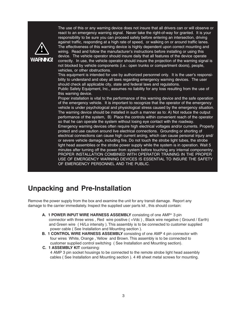 Unpacking and pre-installation | Code 3 PSE460H Remote Strobe Power Supply User Manual | Page 3 / 12