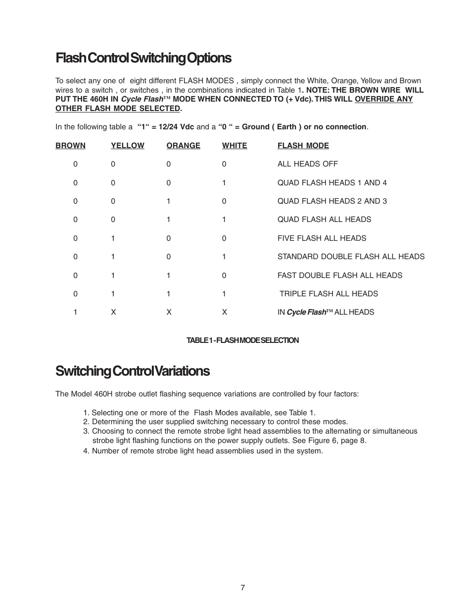 Flash control switching options, Switching control variations | Code 3 PSE460H Remote Strobe Power Supply User Manual | Page 7 / 12