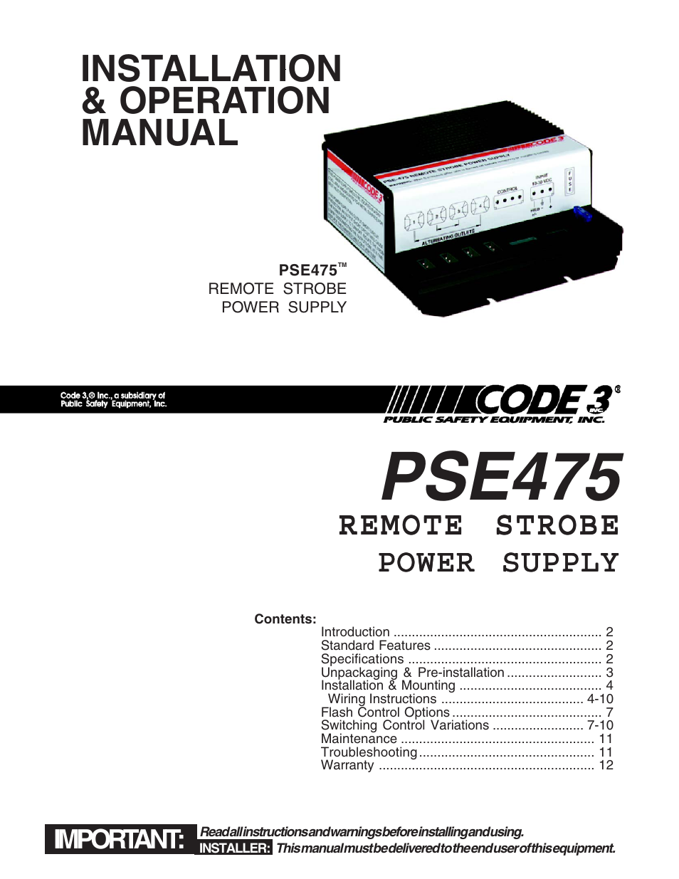 Code 3 PSE475 Remote Strobe Power Supply User Manual | 12 pages