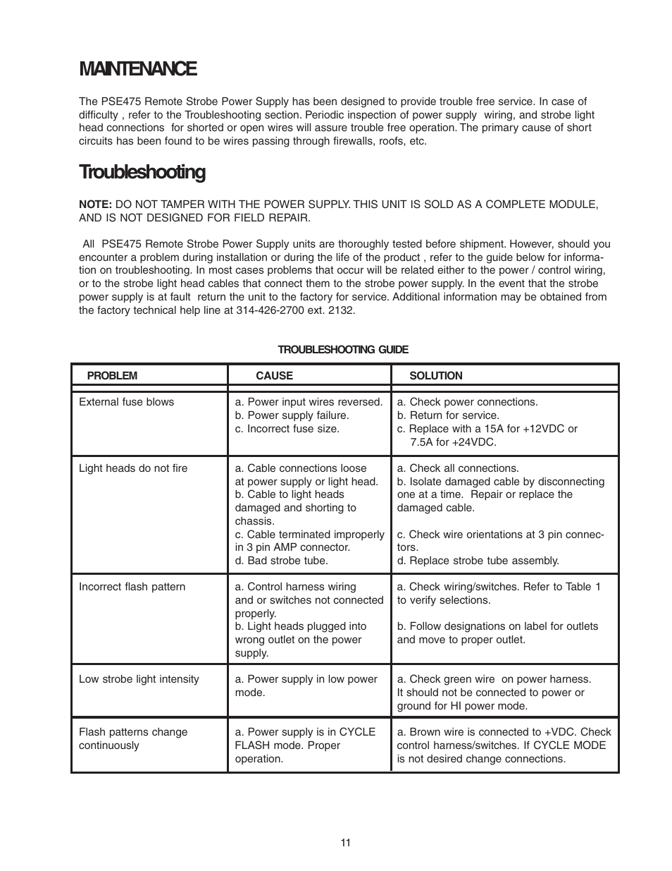 Maintenance, Troubleshooting | Code 3 PSE475 Remote Strobe Power Supply User Manual | Page 11 / 12