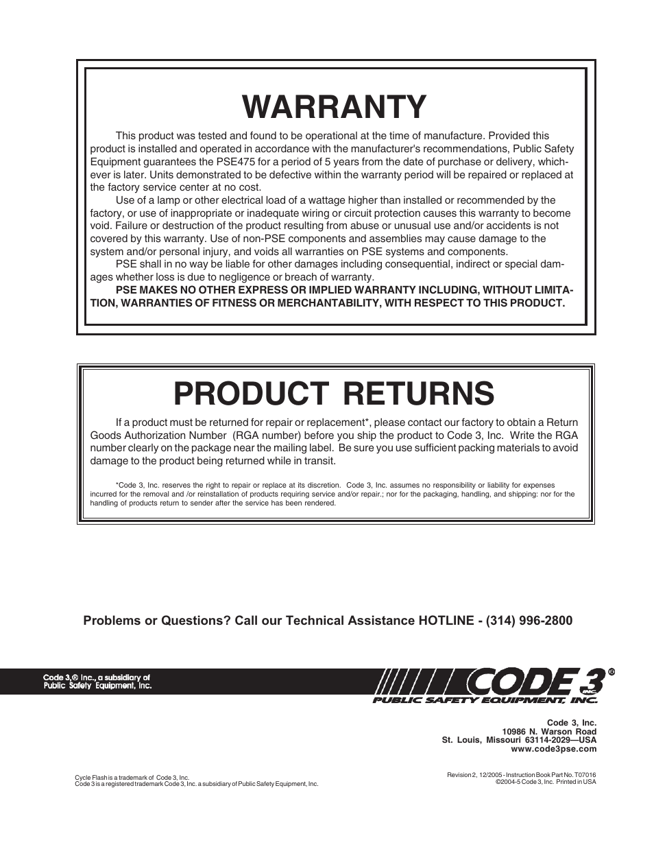 Warranty, Product returns | Code 3 PSE475 Remote Strobe Power Supply User Manual | Page 12 / 12