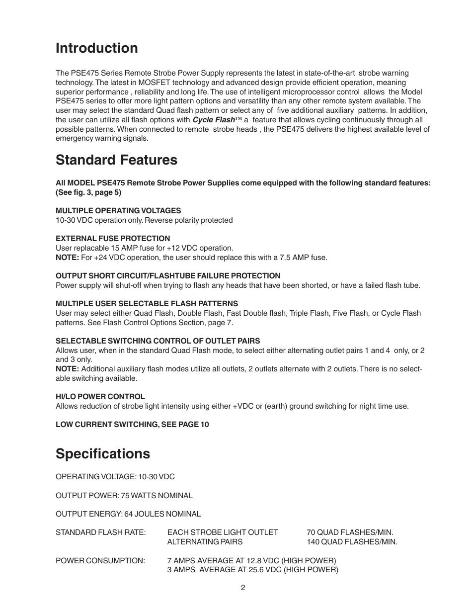 Introduction, Standard features, Specifications | Code 3 PSE475 Remote Strobe Power Supply User Manual | Page 2 / 12