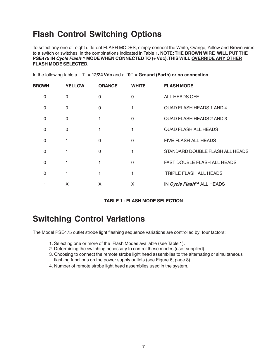 Flash control switching options, Switching control variations | Code 3 PSE475 Remote Strobe Power Supply User Manual | Page 7 / 12