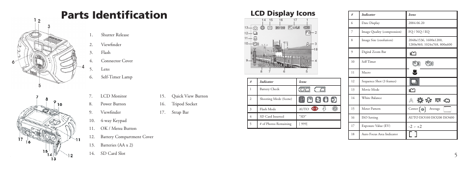 Parts identiﬁcation, Lcd display icons | Bushnell 11-0013G User Manual | Page 5 / 15