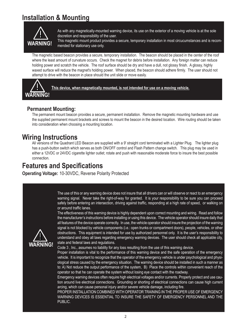 Installation & mounting, Wiring instructions, Features and specifications | Magnetic mounting, Permanent mounting, Warning | Code 3 Quadrant LED Mini Bar User Manual | Page 2 / 4