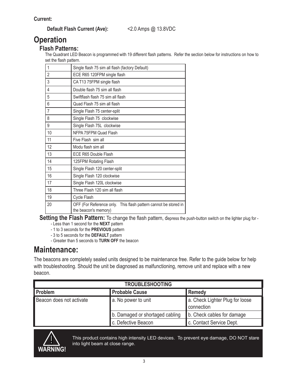 Operation, Maintenance, Warning | Flash patterns, Setting the flash pattern | Code 3 Quadrant LED Mini Bar User Manual | Page 3 / 4