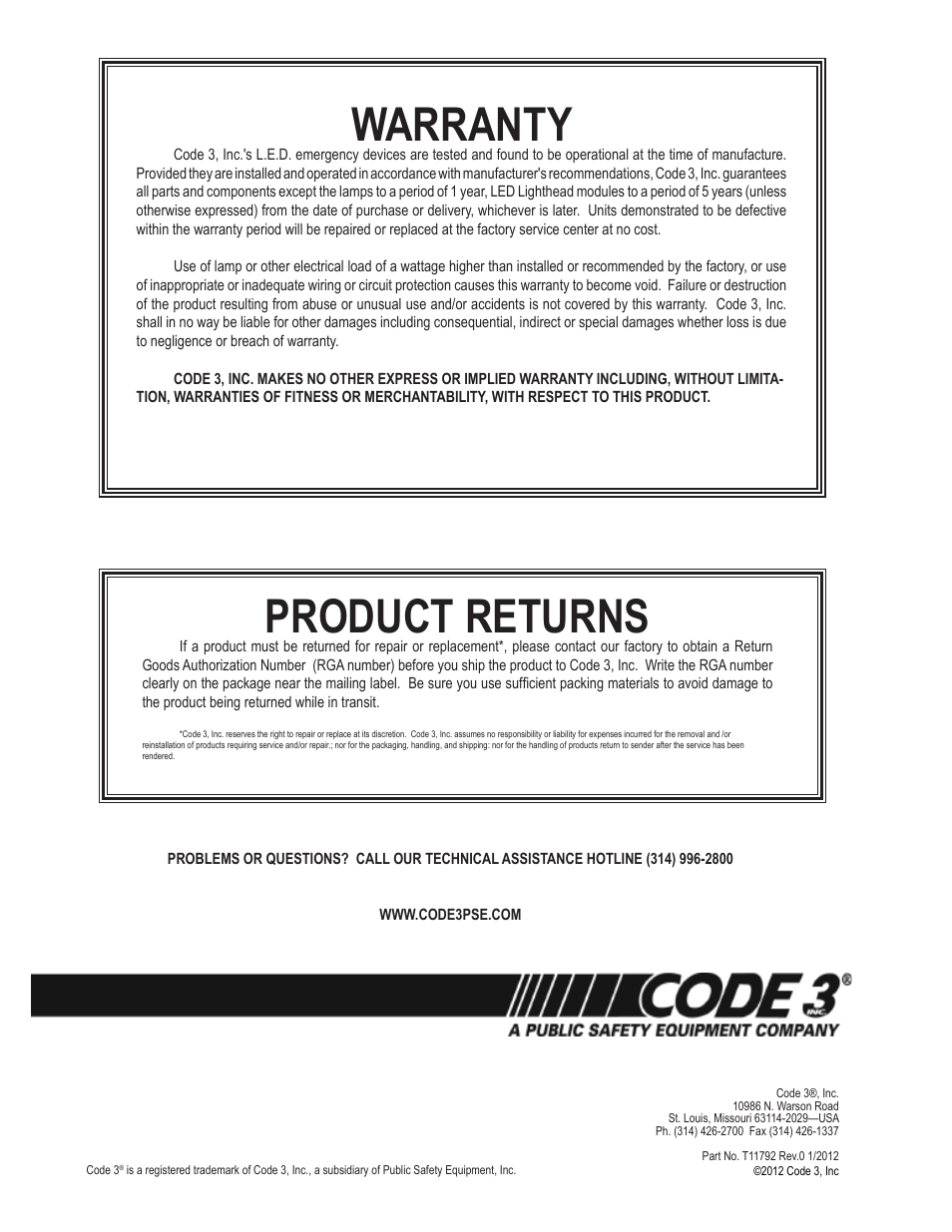 Product returns, Warranty | Code 3 Quadrant LED Mini Bar User Manual | Page 4 / 4
